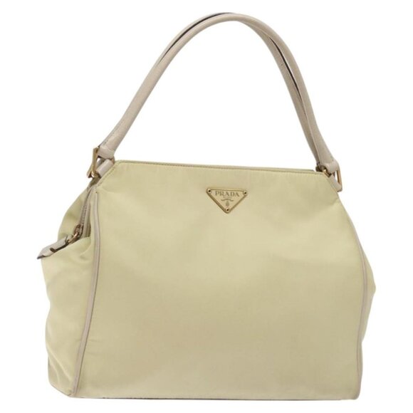 PRADA Hand Bag Nylon Leather Beige Gold Auth - Picture 1 of 16